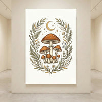 Whimsical folk art canvas print featuring a cluster of mushrooms, ferns, wildflowers, a crescent moon, and stars.