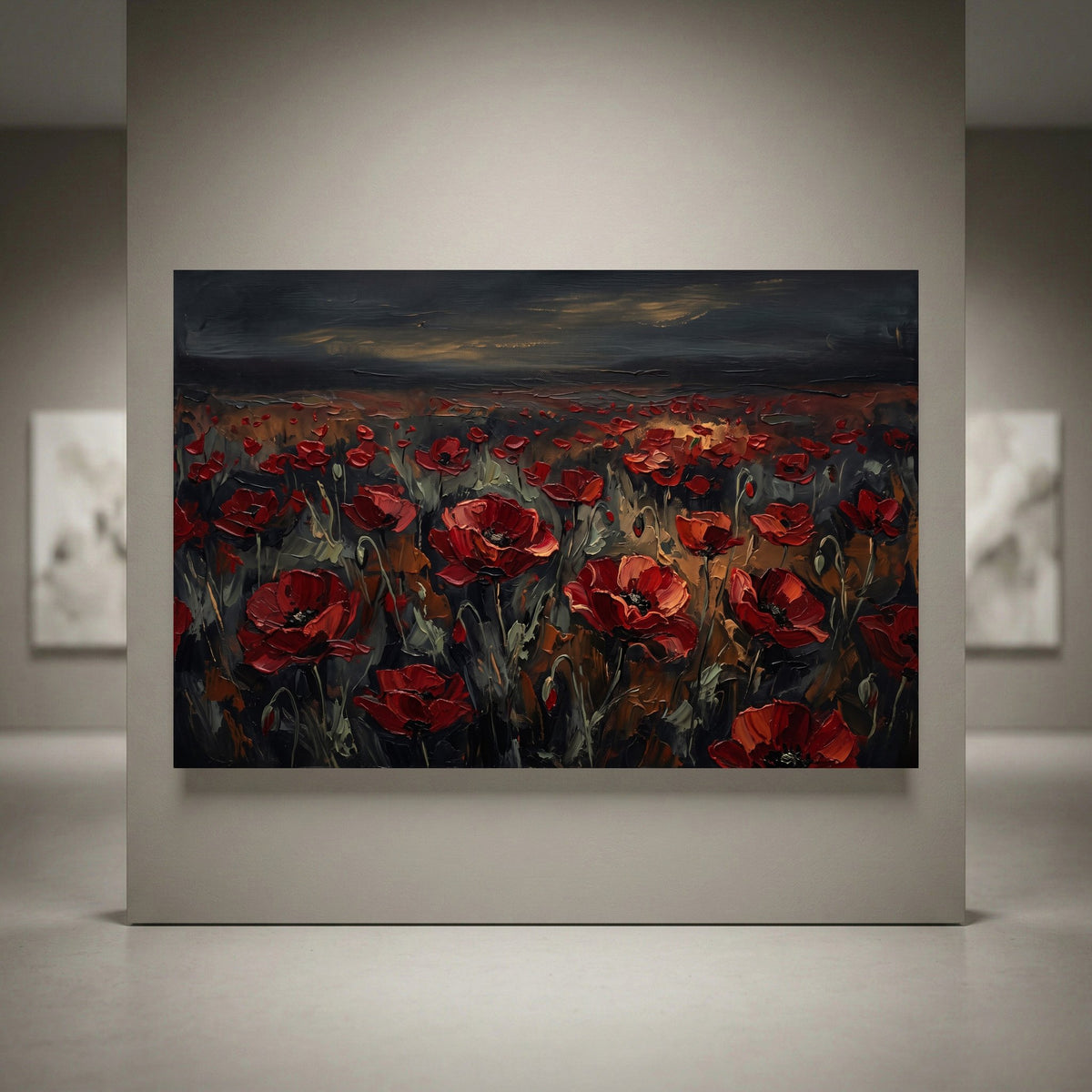 Textured red poppy field canvas print in an impasto oil painting style with a dark, dramatic sky and vibrant flowers.