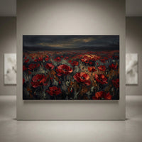 Textured red poppy field canvas print in an impasto oil painting style with a dark, dramatic sky and vibrant flowers.