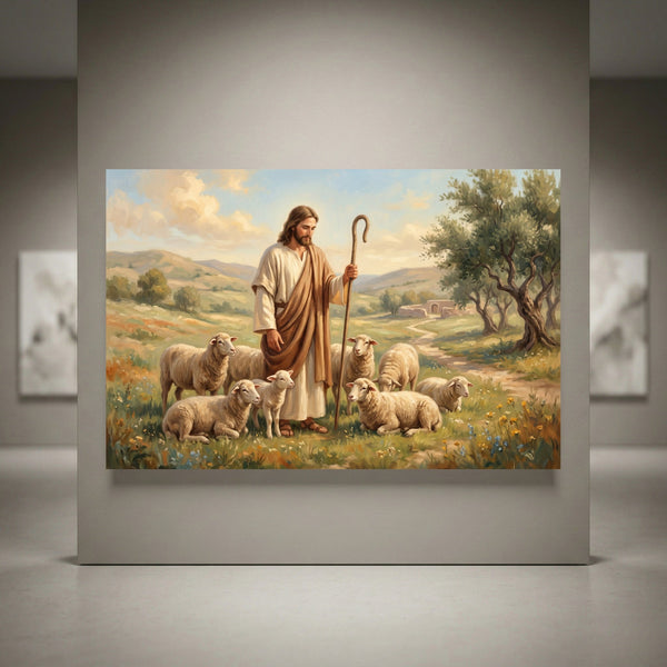 Jesus Christ as the Good Shepherd with sheep in a field, classic oil painting style canvas print, religious art.