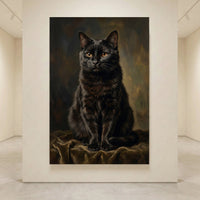 Classic black cat oil painting style canvas print featuring a detailed feline portrait with golden eyes on a dark, moody background.