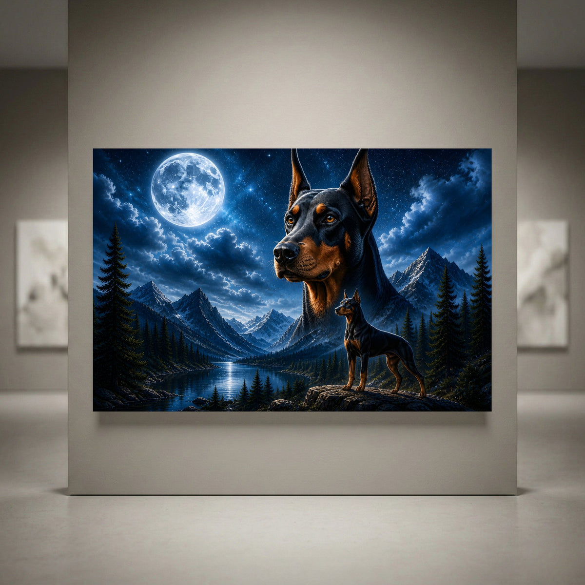 Majestic Doberman dogs in a moonlit mountain lake landscape under a starry night sky, high-quality canvas print.