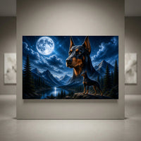 Majestic Doberman dogs in a moonlit mountain lake landscape under a starry night sky, high-quality canvas print.
