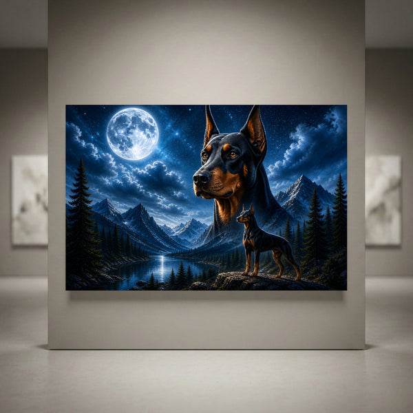Majestic Doberman dogs in a moonlit mountain lake landscape under a starry night sky, high-quality canvas print.