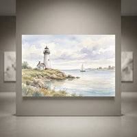 Watercolor style canvas print of a classic lighthouse on a rocky coast with a sailboat on calm sea under a cloudy sky.
