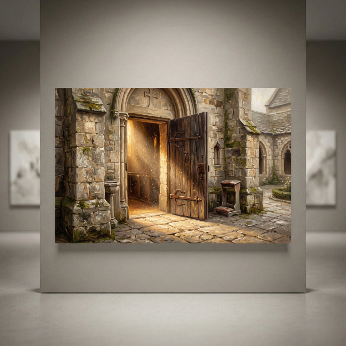 Ancient stone church entrance with open wooden door, golden sunbeams and dust motes, oil painting style canvas print.