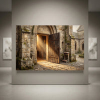 Ancient stone church entrance with open wooden door, golden sunbeams and dust motes, oil painting style canvas print.