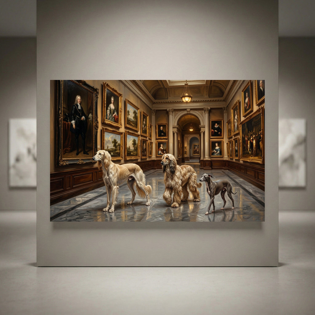 Elegant dogs (Saluki, Afghan Hound, Italian Greyhound) in an art gallery, classical oil painting style canvas print.