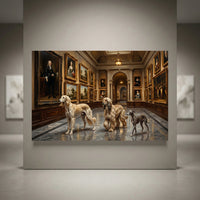 Elegant dogs (Saluki, Afghan Hound, Italian Greyhound) in an art gallery, classical oil painting style canvas print.
