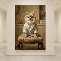 Pomeranian dog in a white bathrobe sitting on an elegant stool, classic oil painting style canvas print pet portrait.