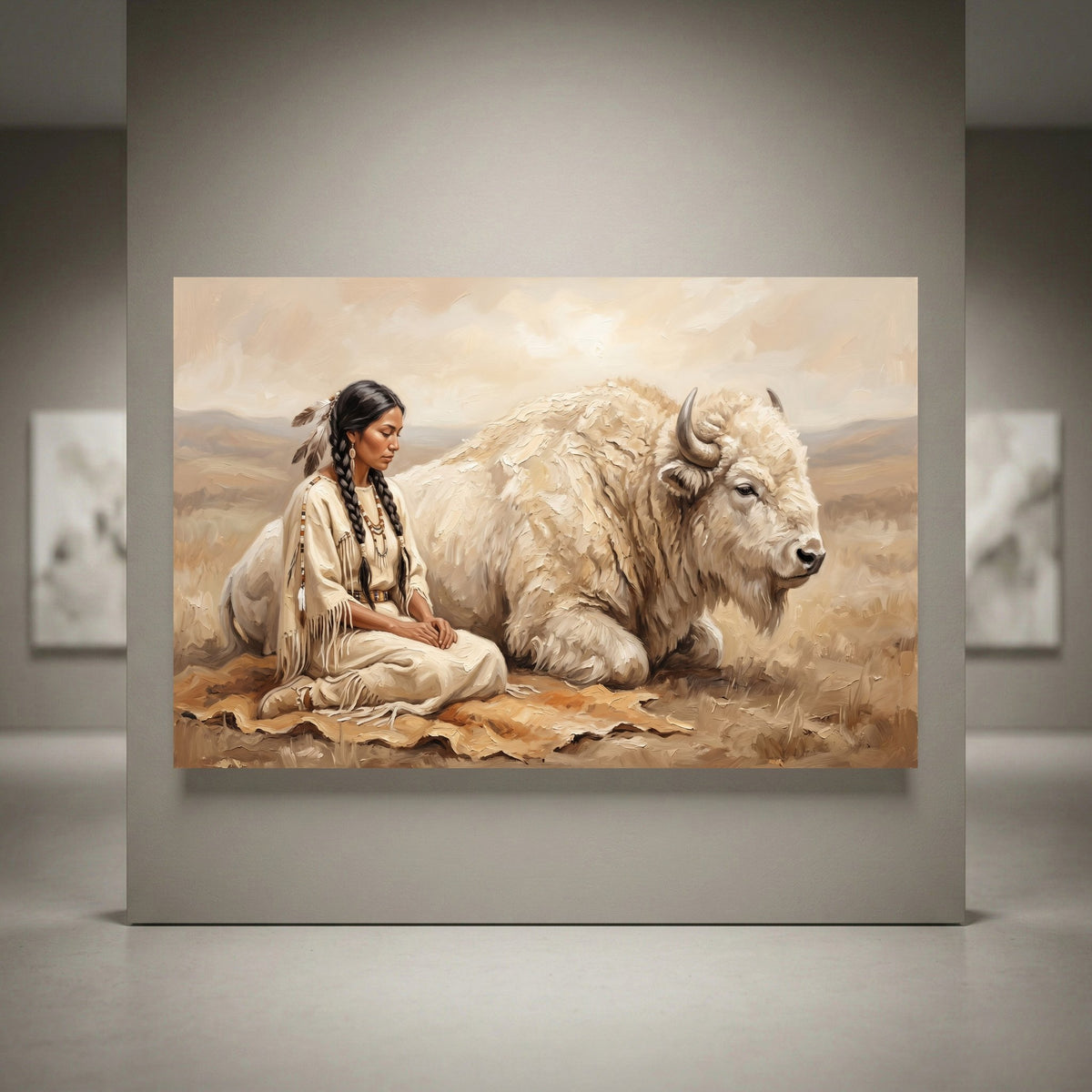 Native American woman sitting next to a white buffalo canvas print, spiritual oil painting style, peaceful prairie landscape art.