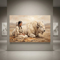 Native American woman sitting next to a white buffalo canvas print, spiritual oil painting style, peaceful prairie landscape art.