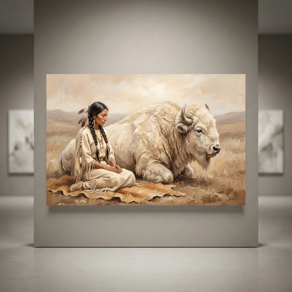 Native American woman sitting next to a white buffalo canvas print, spiritual oil painting style, peaceful prairie landscape art.