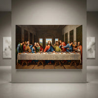 The Last Supper classic art style canvas print, depicting Jesus and disciples at a long table, displayed in a modern gallery.