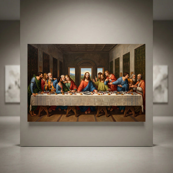 The Last Supper classic art style canvas print, depicting Jesus and disciples at a long table, displayed in a modern gallery.
