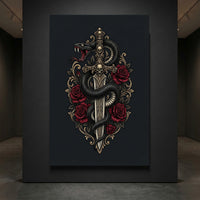 Gothic snake coiling around a skull-adorned sword with red roses and gold ornate details canvas print wall art.