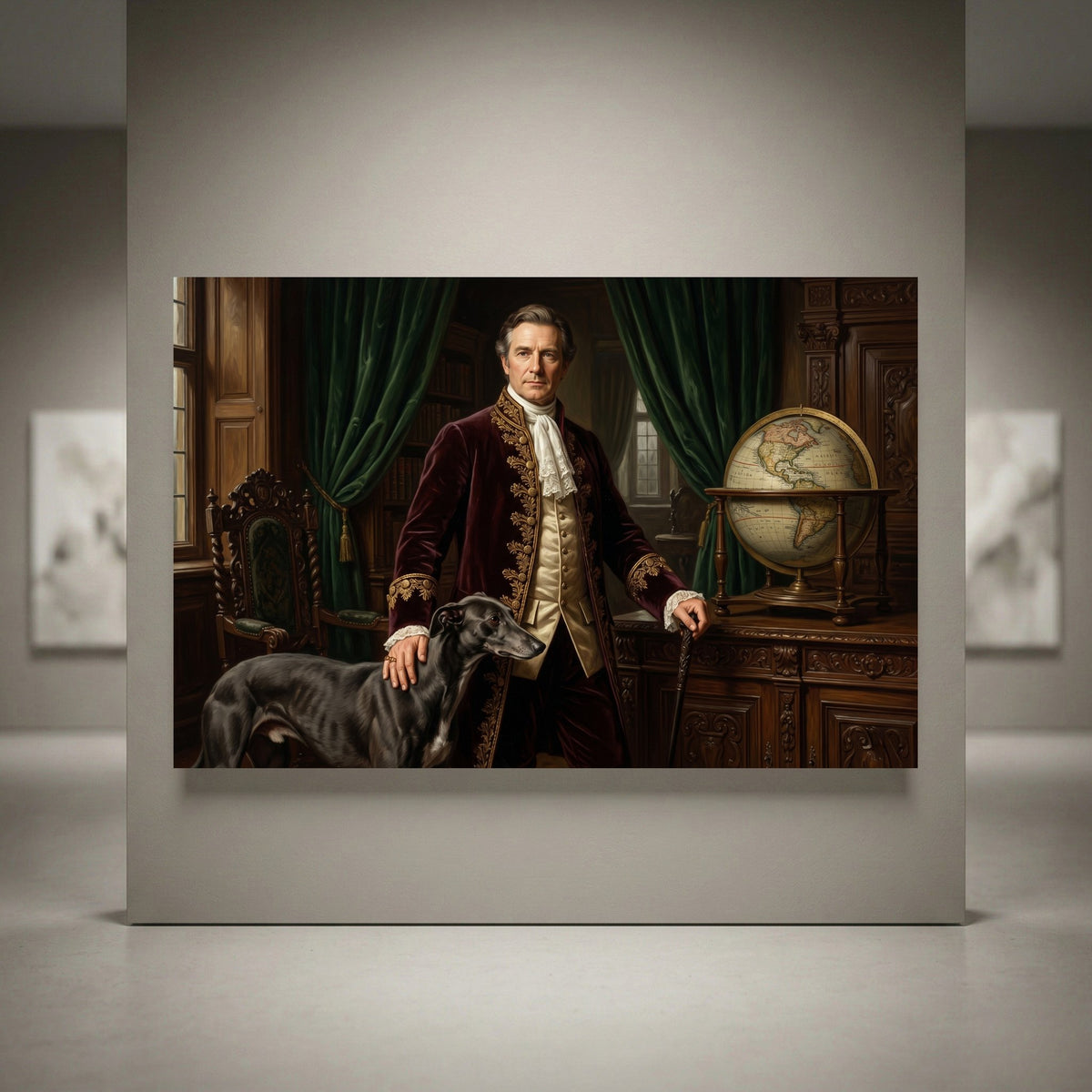 Historical portrait canvas print of a nobleman in a burgundy coat with a greyhound dog, classic oil painting style artwork.