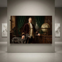 Historical portrait canvas print of a nobleman in a burgundy coat with a greyhound dog, classic oil painting style artwork.