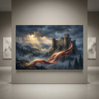 Patriotic castle art print with American flag, 'LIBERTAS' text, flowing red and white banner, stormy mountains, pine trees.