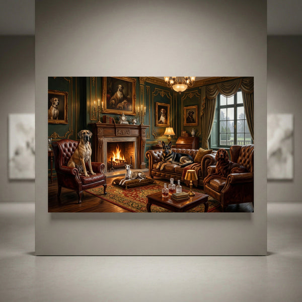 Oil painting style canvas print of aristocratic dogs in a luxurious, traditional living room with fireplace and antique furniture.