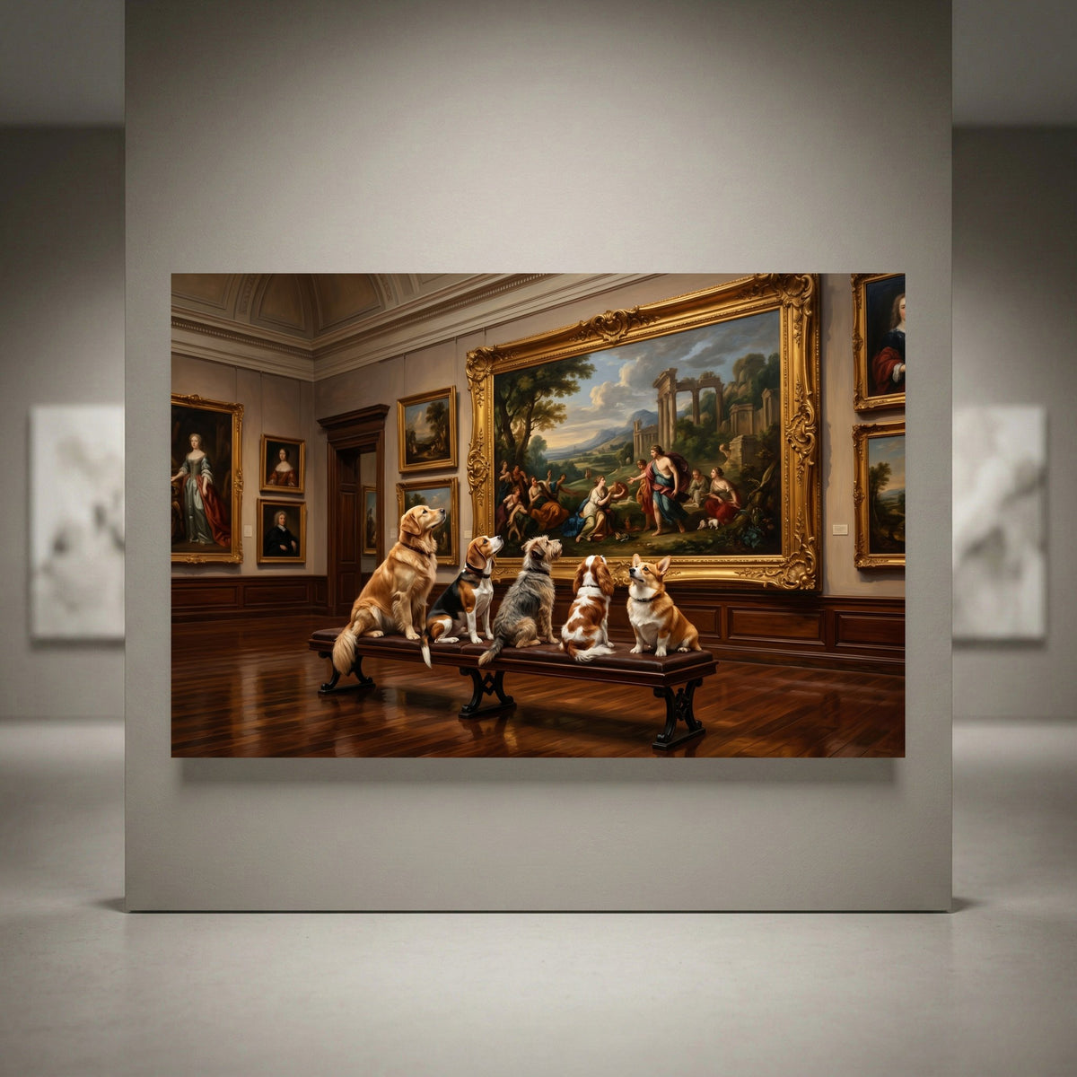 Canvas print of five diverse dogs (Golden Retriever, Beagle, Corgi, Terrier) on a bench in a museum, oil painting style.