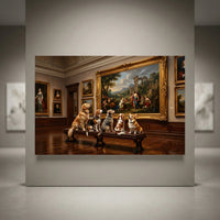 Canvas print of five diverse dogs (Golden Retriever, Beagle, Corgi, Terrier) on a bench in a museum, oil painting style.
