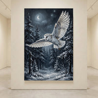 Oil painting style canvas print of a majestic barn owl flying through a dark snowy winter forest under a crescent moon.