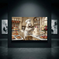 White poodle chef in a classic kitchen decorating a cake, surrounded by pastries and flowers, in an elegant oil painting style.