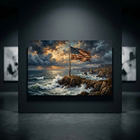 Oil painting style canvas print of an American flag on a rocky coast with dramatic clouds and crashing ocean waves.