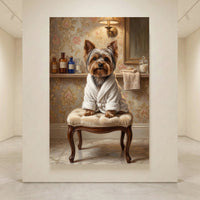 Yorkshire Terrier in white robe on a stool, elegant floral bathroom setting, oil painting style canvas print.