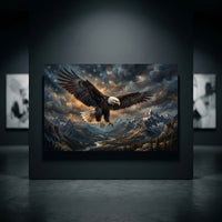 Dramatic bald eagle canvas print flying over mountains and river with an American flag in stormy clouds.