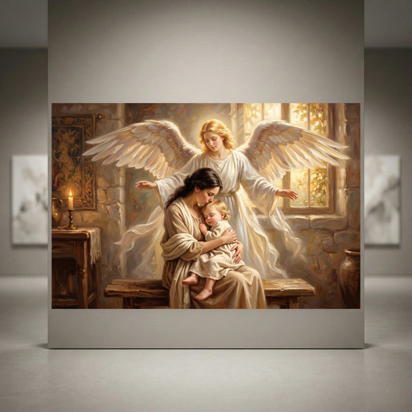 Oil painting style canvas print of a blonde guardian angel watching over a brunette mother holding her baby in a warm room.