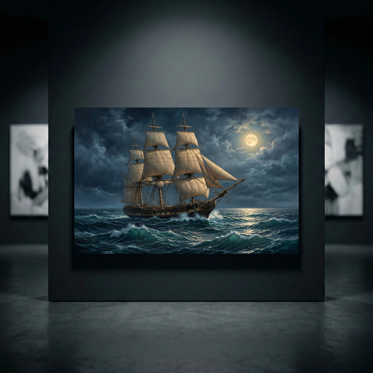 Classic marine tall ship canvas print on stormy moonlit ocean, dramatic dark clouds, blue waves, nautical wall art.