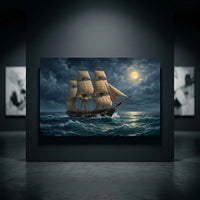 Classic marine tall ship canvas print on stormy moonlit ocean, dramatic dark clouds, blue waves, nautical wall art.