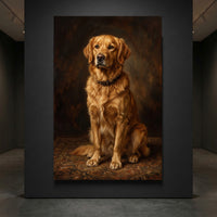 Realistic Golden Retriever portrait canvas print, featuring a detailed oil painting style, elegant and warm tones.