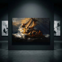 Rembrandt's Storm on the Sea of Galilee Baroque oil painting style canvas print featuring a ship in a fierce storm.