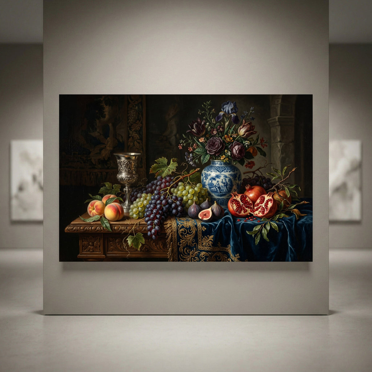 Classical still life canvas print with colorful fruit, flowers, grapes, pomegranates, figs, and an ornate vase.