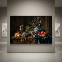 Classical still life canvas print with colorful fruit, flowers, grapes, pomegranates, figs, and an ornate vase.