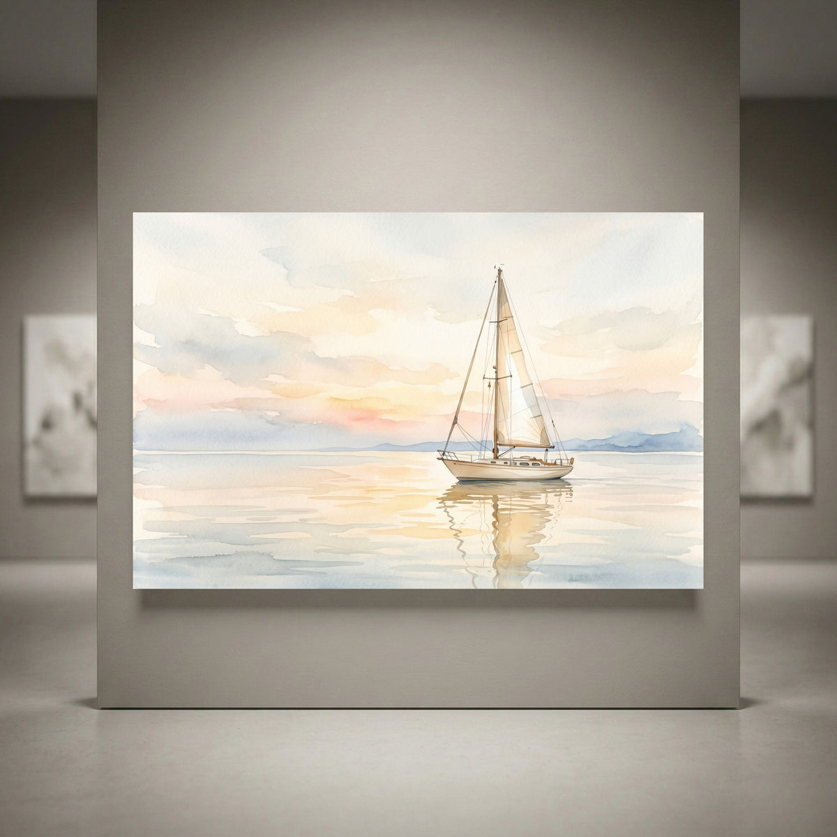 Watercolor style canvas print of a sailboat on calm water at sunset, with soft pastel clouds and reflection, ideal for coastal decor.