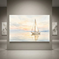 Watercolor style canvas print of a sailboat on calm water at sunset, with soft pastel clouds and reflection, ideal for coastal decor.
