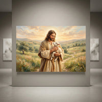 Jesus Christ Good Shepherd canvas print, holding a lamb in a serene pastoral landscape, oil painting style, spiritual art.