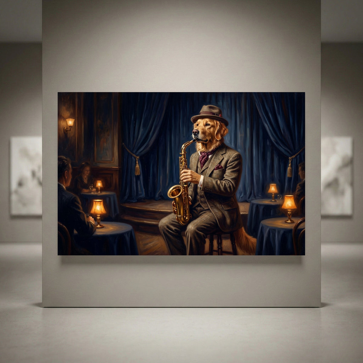Golden retriever dog playing saxophone, dressed in suit and hat, oil painting style canvas print.