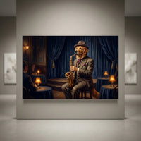 Golden retriever dog playing saxophone, dressed in suit and hat, oil painting style canvas print.