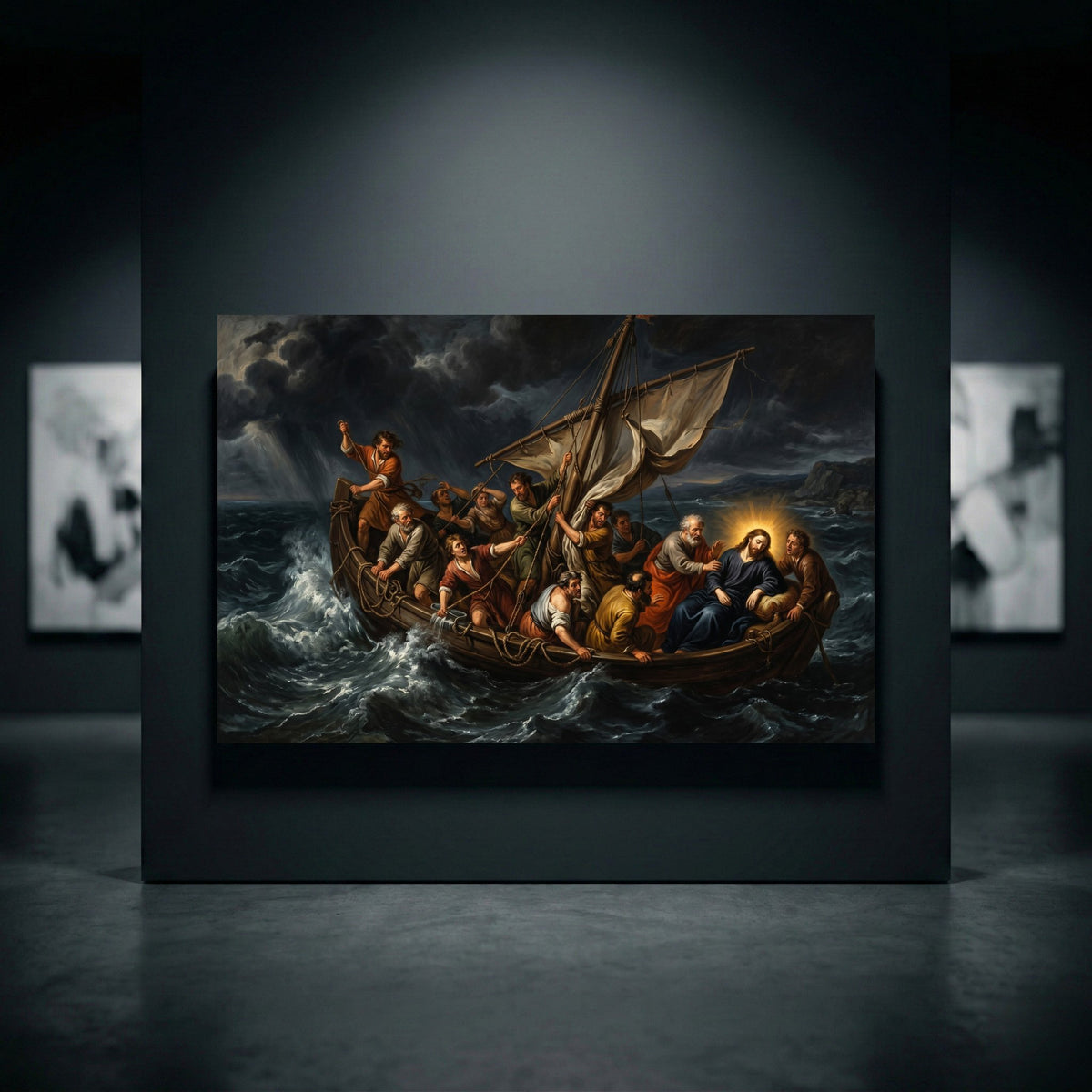 Dramatic religious canvas print of Jesus calming the stormy sea, surrounded by disciples in a boat, classic art style.