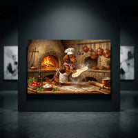 Funny dachshund chef in a white apron and hat tossing pizza dough in a rustic kitchen with a brick oven, oil painting style.