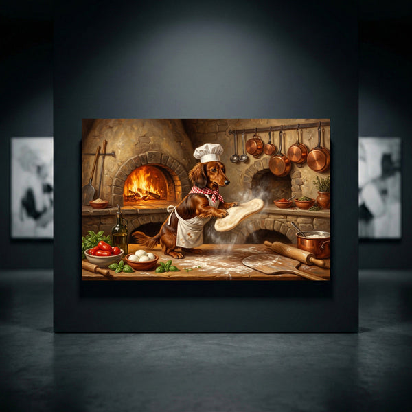 Funny dachshund chef in a white apron and hat tossing pizza dough in a rustic kitchen with a brick oven, oil painting style.
