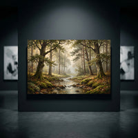 Realistic misty forest stream canvas print, tranquil woodland landscape art with ancient trees, moss, and autumn leaves.