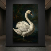Elegant white swan in a dark, moody oil painting style canvas print, showcasing intricate feathers and a serene pond.