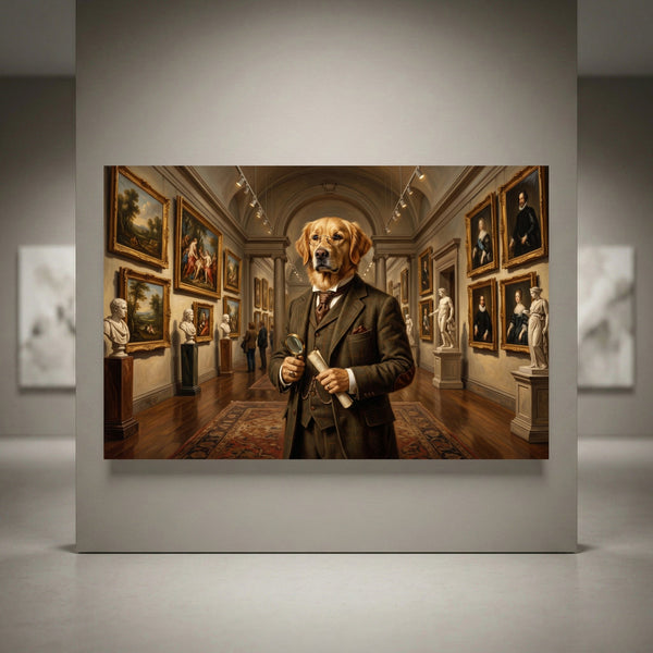 Golden Retriever art connoisseur in a suit holding a magnifying glass in a grand gallery, oil painting style canvas print.