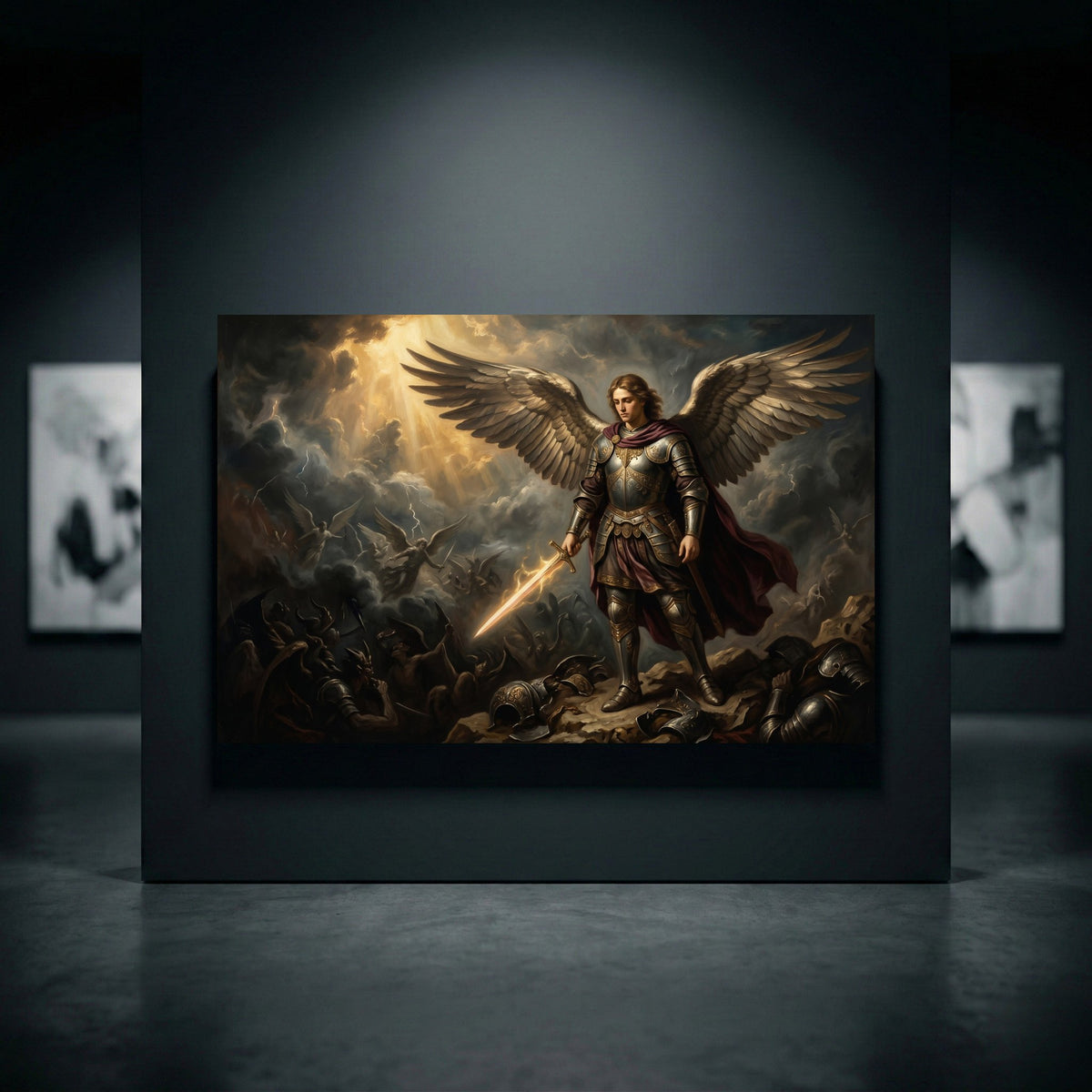 Dramatic Archangel Michael oil painting style canvas print, angelic warrior in armor with glowing sword in divine battle.